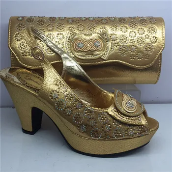 Latest gold high heel shoes and bag set nice matching for lady dress GY33, heel height 8cm
Latest gold high heel shoes and bag set nice matching for lady dress GY33, heel height 8cm