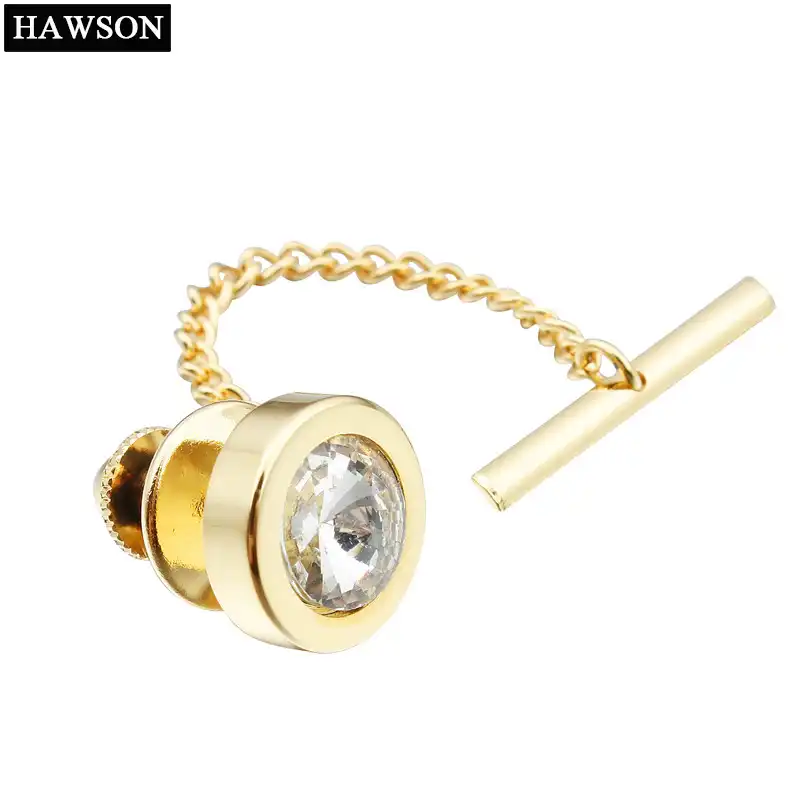 HAWSON 白色結晶象眼ネクタイタック/ピンゴールデン安全チェーン