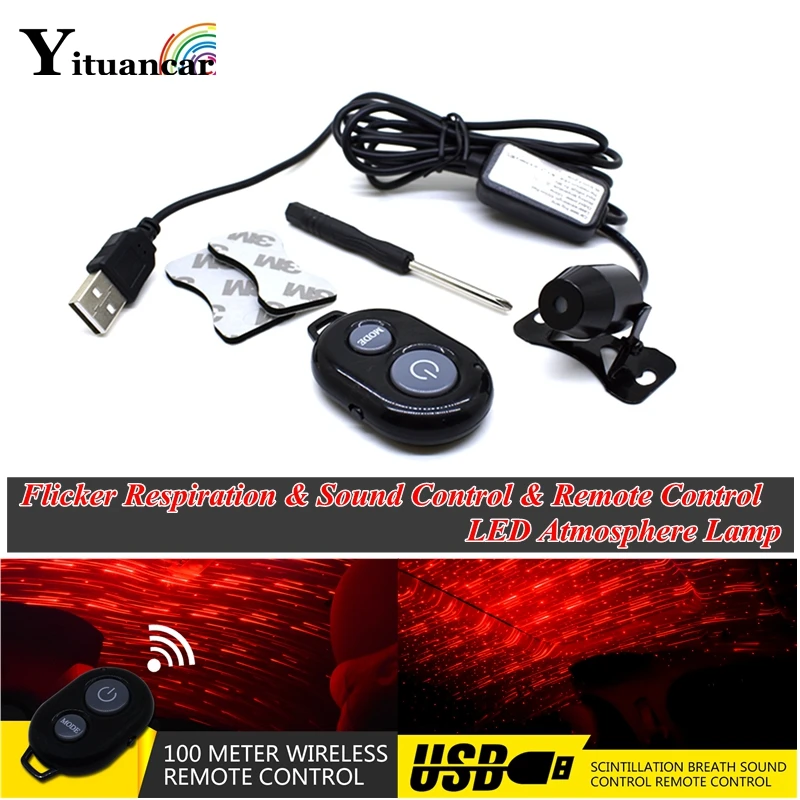 Yituancar 1X USB LED Flicker Respiration Sound Remote Control Car Styling Atmosphere Light Meteor Starry Sky Interior Laser Lamp |