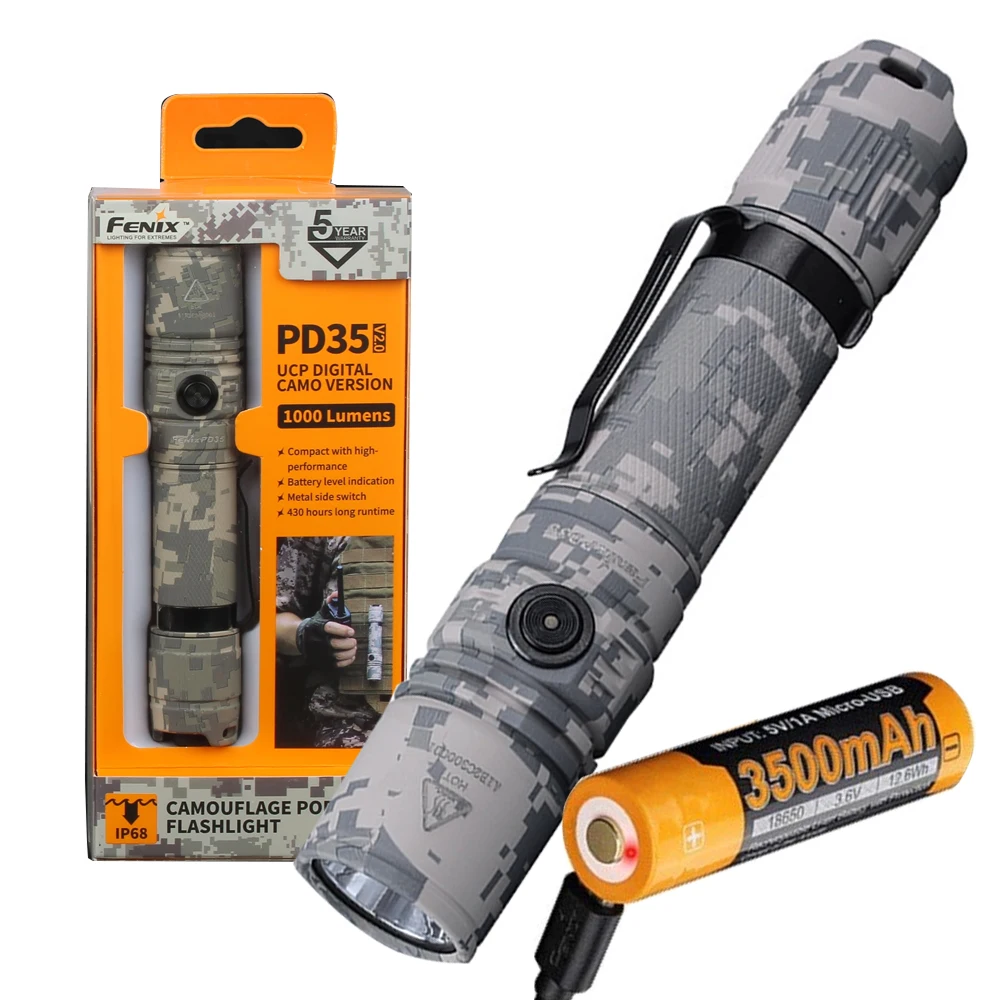 Fenix PD35 V2.0 (Digital Camo) 2018 Edition V2 1000 Lumen CREE XP-L HI V3 LED Tactical Flashlight with 18650 3500mAh battery
Fenix PD35 V2.0 (Digital Camo) 2018 Edition V2 1000 Lumen CREE XP-L HI V3 LED Tactical Flashlight with 18650 3500mAh battery