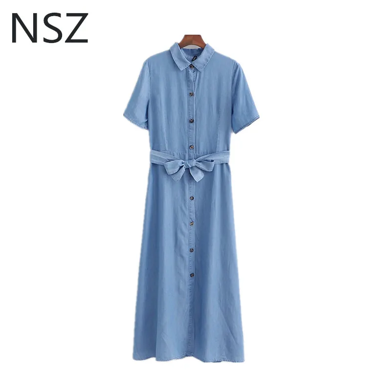 NSZ Women Blue Denim Long Maxi Dress Summer Short Sleeve Button Decoration With Belt Turn Down Long Dresses
NSZ Women Blue Denim Long Maxi Dress Summer Short Sleeve Button Decoration With Belt Turn Down Long Dresses