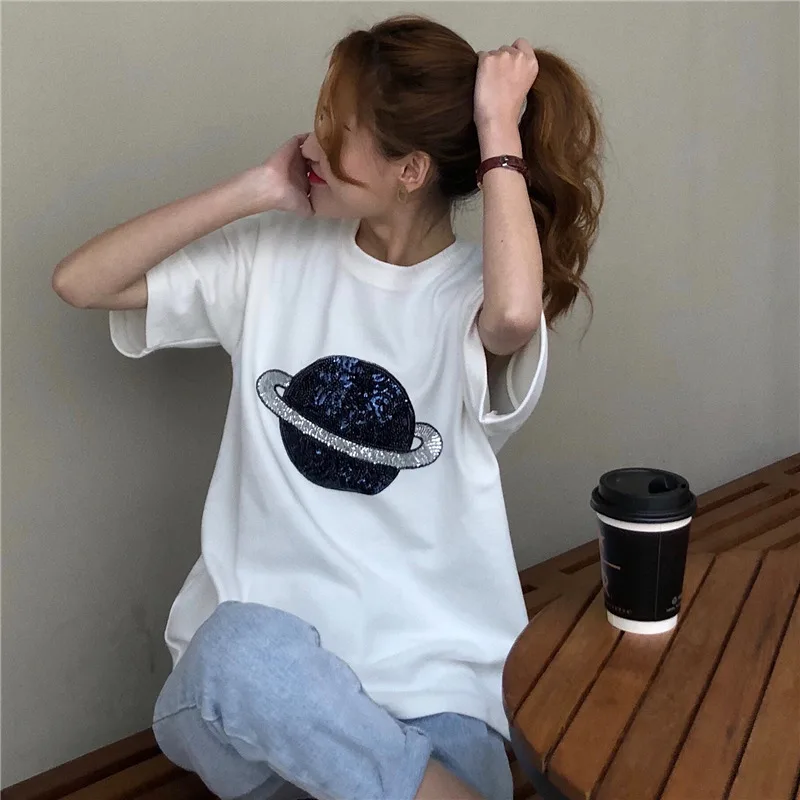 Korean Hip Hop Planet Graphic T Shirt Tops Schoolgirl Streetwear Black White Loose Tees Shirt Women Summer 2019
Korean Hip Hop Planet Graphic T Shirt Tops Schoolgirl Streetwear Black White Loose Tees Shirt Women Summer 2019