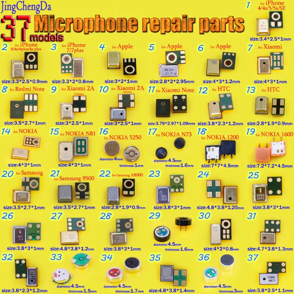 37models Microphone Module Replacement Internal Mic Part for iPhone 4 4S 5 5G 5S 5C SE 6 6G 6S for Samsung for Xiaomi for Nokia
37models Microphone Module Replacement Internal Mic Part for iPhone 4 4S 5 5G 5S 5C SE 6 6G 6S for Samsung for Xiaomi for Nokia