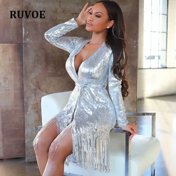 Sequined Tassel Sexy Dress Long Sleeve Women Elegant Sliver Deep V Neck Knee Lenght Winter Spring Sashes Dress Party Vestidos
Sequined Tassel Sexy Dress Long Sleeve Women Elegant Sliver Deep V Neck Knee Lenght Winter Spring Sashes Dress Party Vestidos