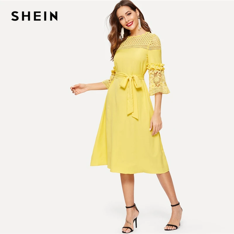 

SHEIN Romantic Yellow Guipure Contrast Lace Panel Pearl Beading Belted Dress 2019 Spring Flounce Sleeve Elegant Dresses