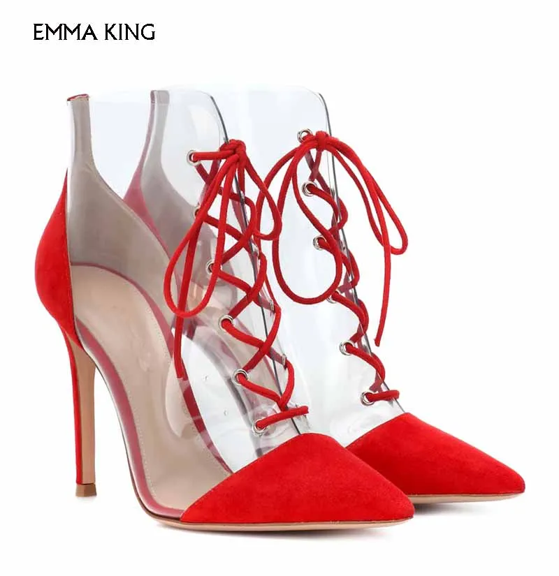 NEW Red Flock /Black Leather With On-trend Transparent Fabrication Ankle Boots Lace-upStiletto Heel Pointed Heels Zapatos Mujer 
NEW Red Flock /Black Leather With On-trend Transparent Fabrication Ankle Boots Lace-upStiletto Heel Pointed Heels Zapatos Mujer