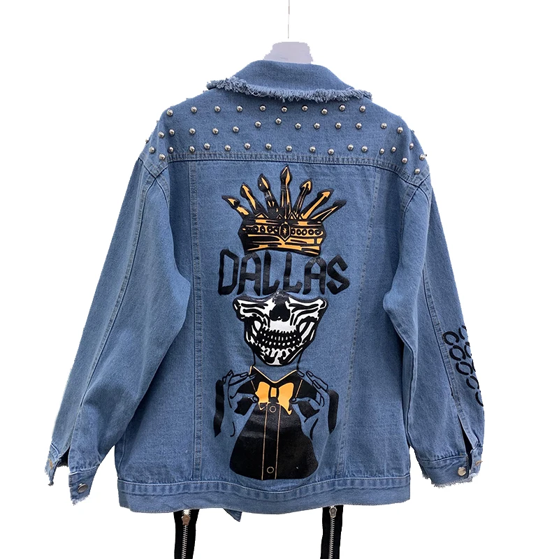 

Handmade Beading Pearl Jacket Rips Detail Boyfriend Denim Jacket Hip Hop Harajuku Denim Jacket Printed Woman Long Sleeve Coat