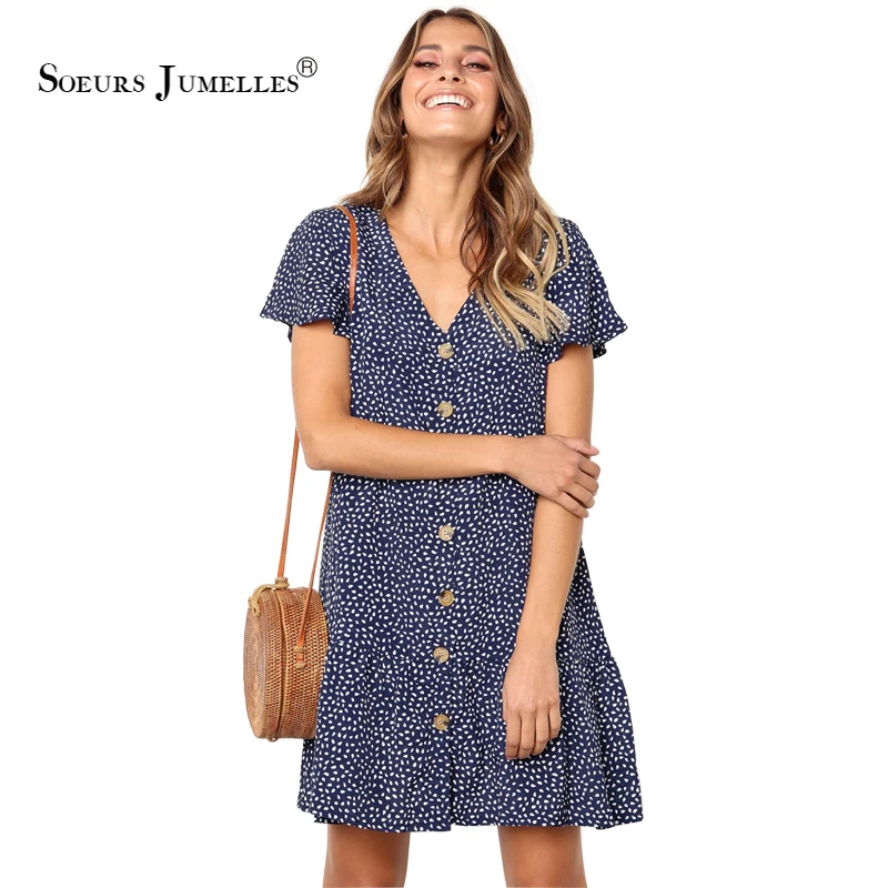 Deep V-Neck Loose Summer Dress Women 2019 Mini Casual Vestidos Bohemian Holiday Print Button Blue Beach Elegant Brand Sundress
Deep V-Neck Loose Summer Dress Women 2019 Mini Casual Vestidos Bohemian Holiday Print Button Blue Beach Elegant Brand Sundress
