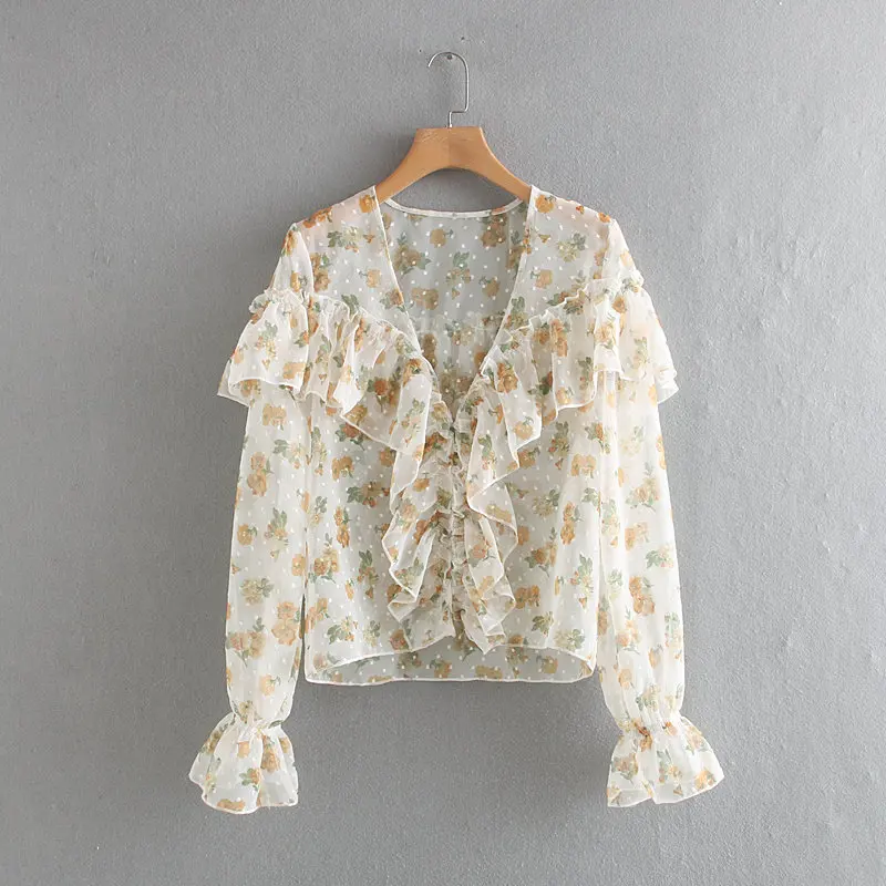 2019 new women sweet cascading ruffles floral print dots chiffon smock blouse shirts women v neck femininas blusas tops LS3952 
2019 new women sweet cascading ruffles floral print dots chiffon smock blouse shirts women v neck femininas blusas tops LS3952