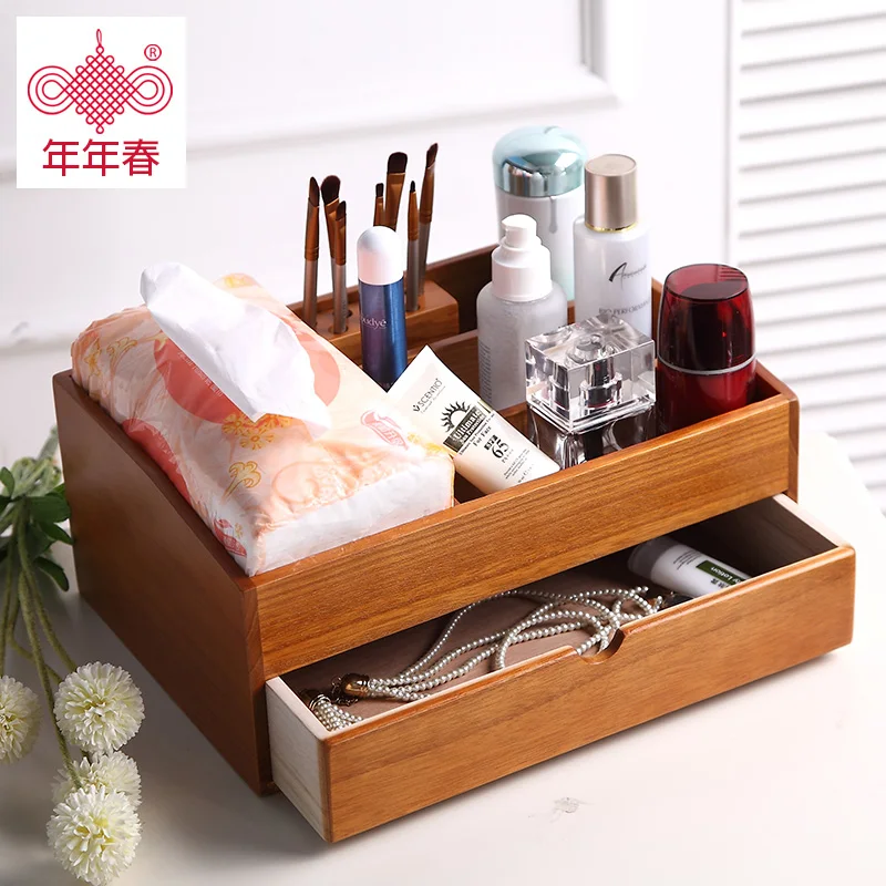 Image Large size solid wood made up storage box desktop skin care products storage cabinet drawer type cosmetic storage box