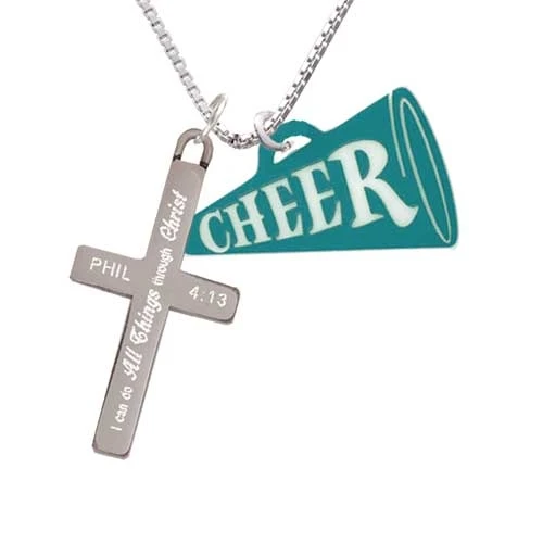 Acrylic 1.25 Teal Cheer Megaphone - I Can Do All Things - Cross Necklace (1)