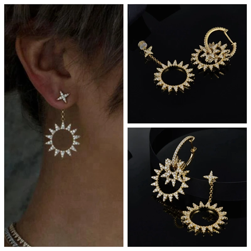 Fashion Sun Flower Gear Star Cuff Earring Pure 925 Sterling Silver Gear Zircon Asymmetry Stud Earring Women Wedding Jewelry
Fashion Sun Flower Gear Star Cuff Earring Pure 925 Sterling Silver Gear Zircon Asymmetry Stud Earring Women Wedding Jewelry