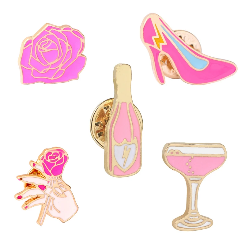 5Pcs/set Romantic Wine Cup Rose Flower Champagne Pins Brooch Button Metal Pin Badge Dress Bags Jacket for Girls Lovers Jewelry | Украшения