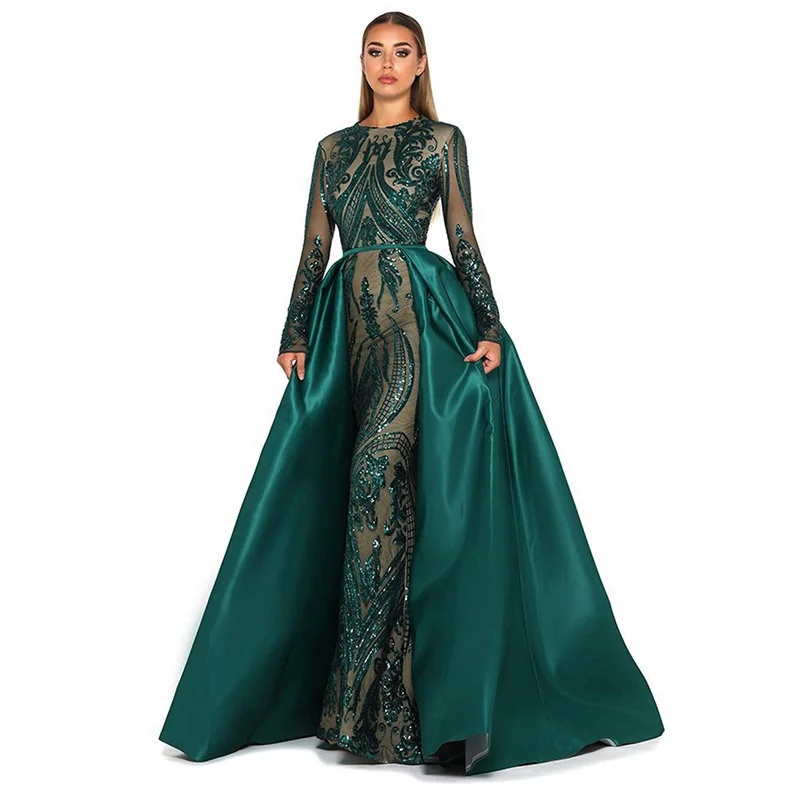 Зеленое блестящее вечернее платье с пайетками длинное 2020 длинным рукавом и