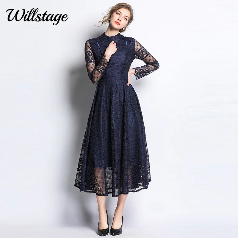 Фото Темно-синее кружевное платье Willstage женские цветочные сетчатые лоскутные платья