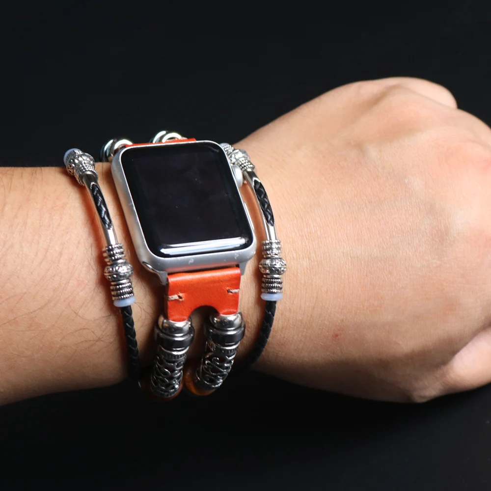 Handmade Apple Watch Band Made Ethnic Vintage Bead With Leather Retro Punk Style Bracelet 44Mm/ 40Mm/ 42Mm/ 38Mm Fits Apple Watch Series 1 2