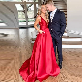 Elegant Satin Double V Neck A Line Prom Dresses with Pockets 2019 Formal Red Prom Evening Gowns Custom Made Fast Shipping
Elegant Satin Double V Neck A Line Prom Dresses with Pockets 2019 Formal Red Prom Evening Gowns Custom Made Fast Shipping
