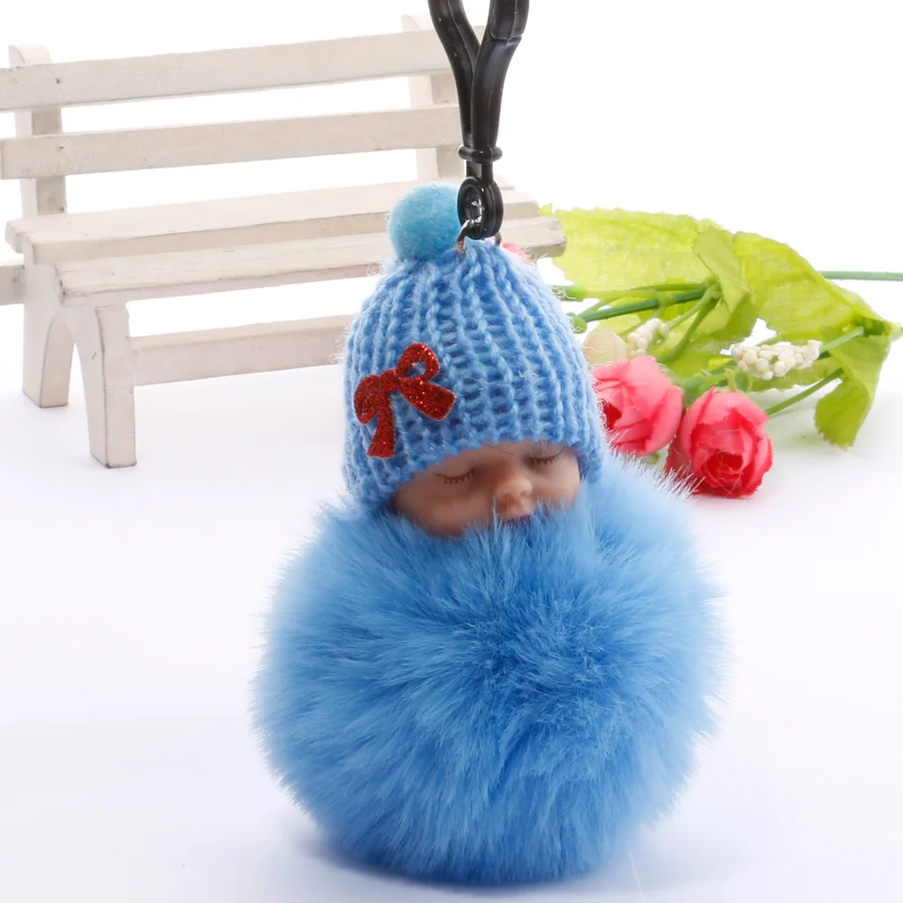 

Dropshipping Sleeping Baby Doll Keychain Flower Pompom Rabbit Fur Ball Key Chain Fluffy Car Keyring porte clef Bag Key Ring