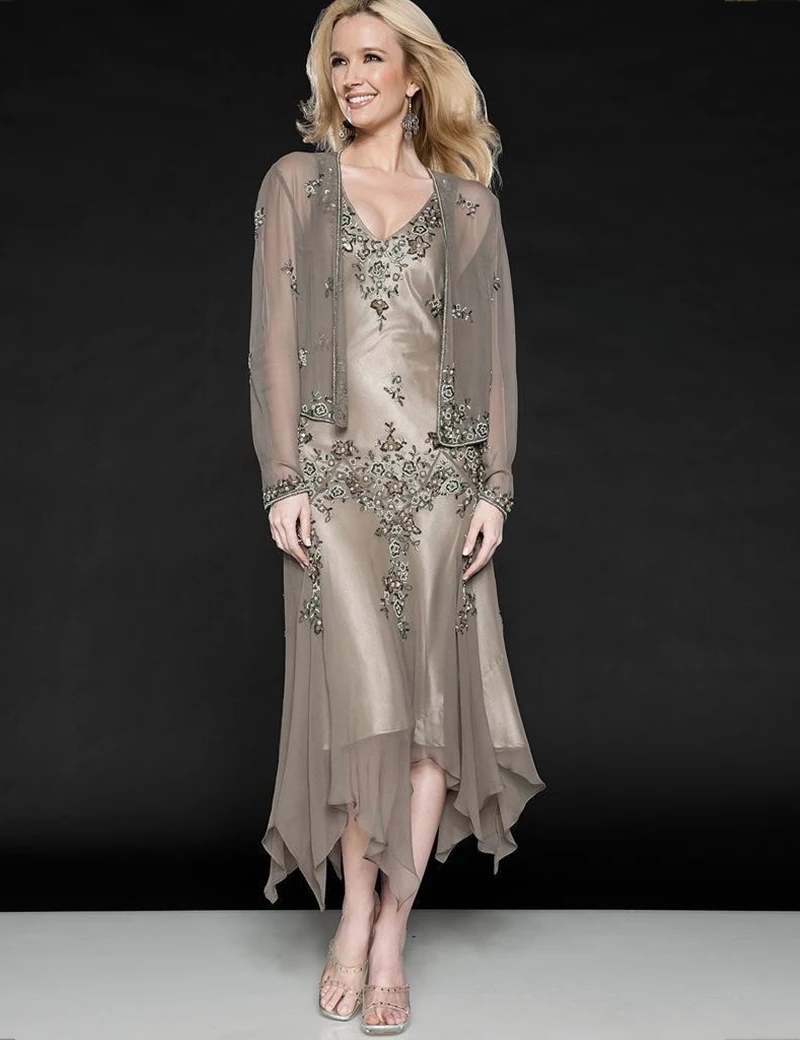 Chiffon Appliques Tea Length Mother Of The Bride Dresses V-neck For Wedding Evening Party Dress With Jacket
Chiffon Appliques Tea Length Mother Of The Bride Dresses V-neck For Wedding Evening Party Dress With Jacket