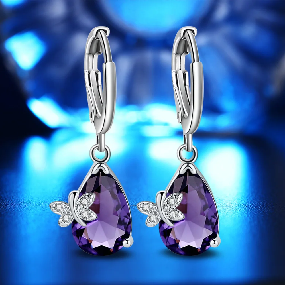 Silver Purple Cubic Zirconia Stone Dangle Earrings Water Drop Shape With Butterfly Design Drop Earrings For Women (EA102566)
Silver Purple Cubic Zirconia Stone Dangle Earrings Water Drop Shape With Butterfly Design Drop Earrings For Women (EA102566)
