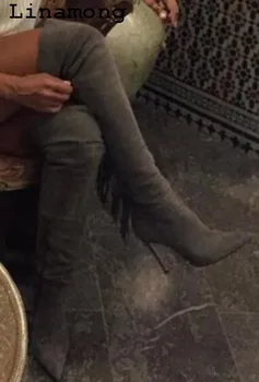 2018 Spring and Summer grey thin high heel knee-high pointed toe with fringe decoration chic trendy long boots 
2018 Spring and Summer grey thin high heel knee-high pointed toe with fringe decoration chic trendy long boots