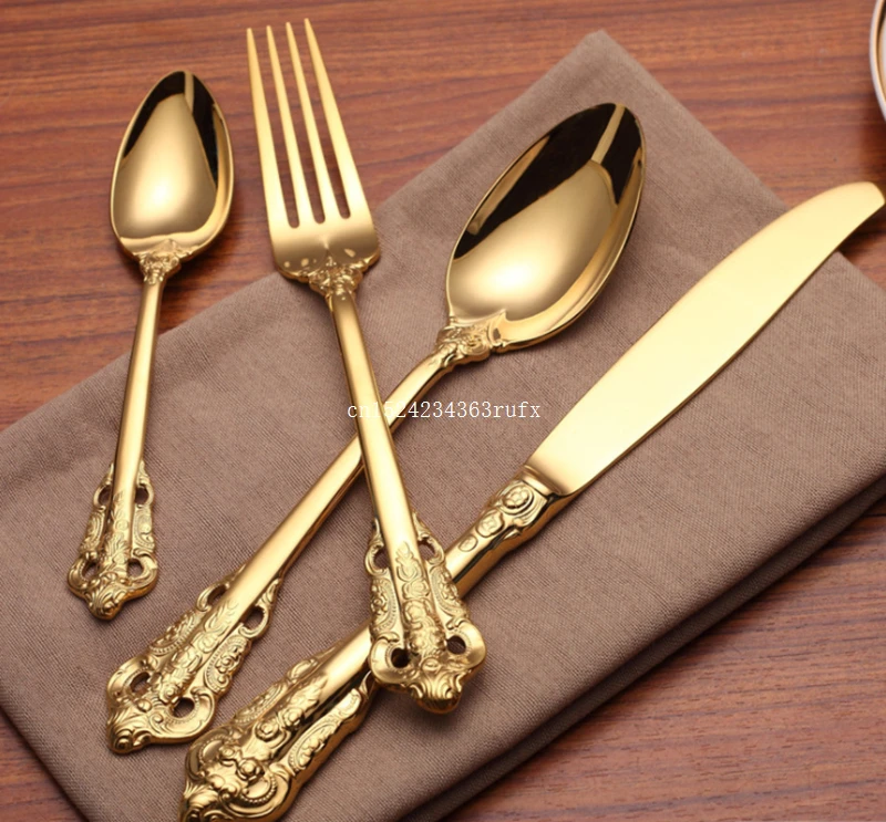 10 Sets Dinner Fork Dining Knife Tablespoon Luxury Golden Cutlery Set Gold Plated Stainless Steel Dinnerware Set
10 Sets Dinner Fork Dining Knife Tablespoon Luxury Golden Cutlery Set Gold Plated Stainless Steel Dinnerware Set