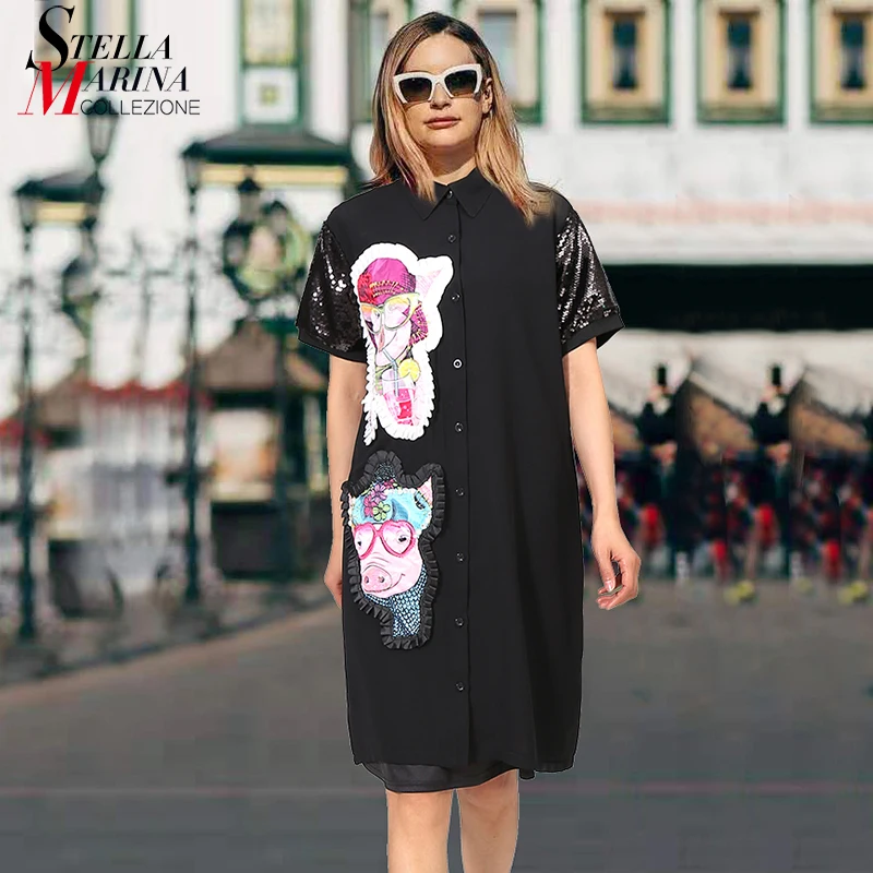 2019 European Fashion Women Black Chiffon Shirt Dress Short Sleeve & Sequins Cartoon Patches Casual Midi Dresses Robe Femme 4882
2019 European Fashion Women Black Chiffon Shirt Dress Short Sleeve & Sequins Cartoon Patches Casual Midi Dresses Robe Femme 4882