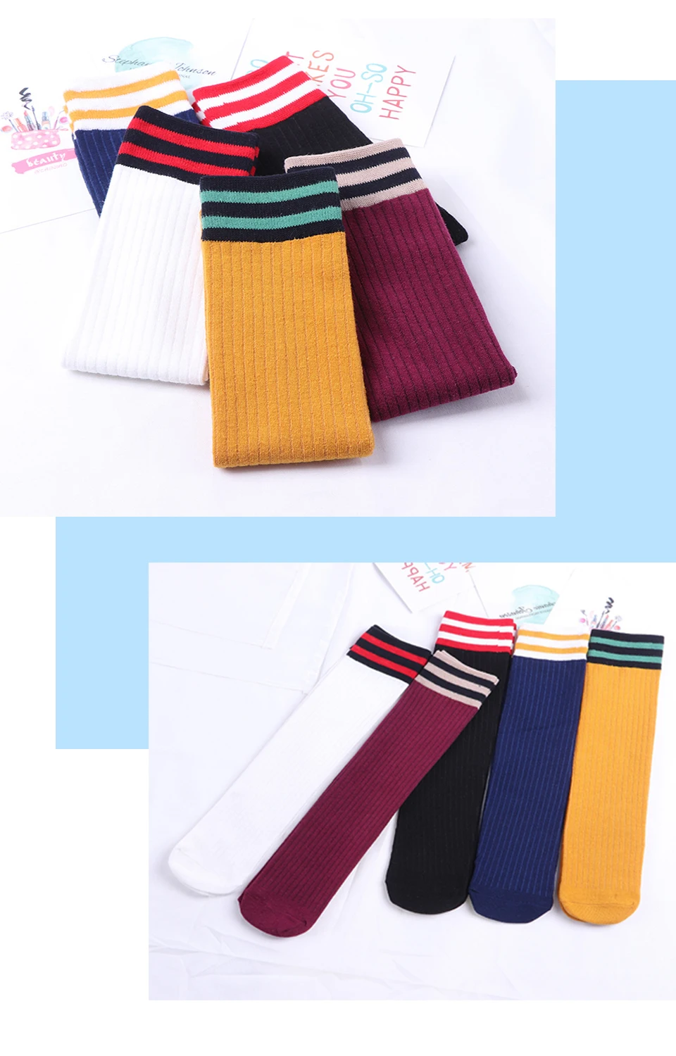 Harajuku Autumn And Winter Warm Fashion Two Bar Stripes Casual Cute Female New Pile In Tube Socks Cotton Japan and South Korea (6)