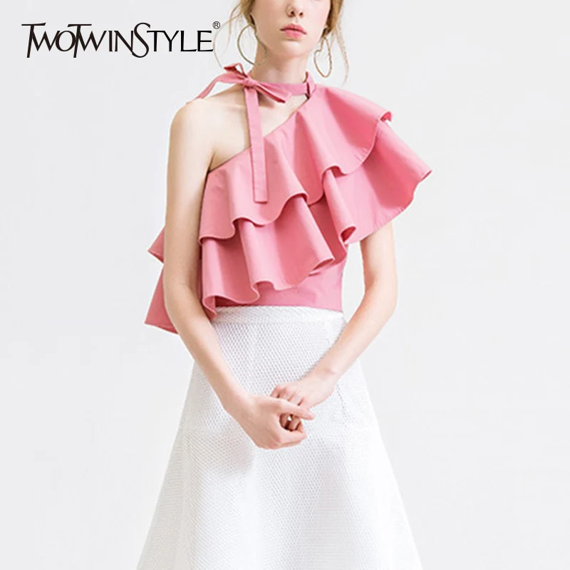 TWOTWINSTYLE Ruffles Shirt Female Lace Up Bow Off Shoulder Patchwork Pink Short Blouse Tops 2019 Summer Fashion Sweet Clothing
TWOTWINSTYLE Ruffles Shirt Female Lace Up Bow Off Shoulder Patchwork Pink Short Blouse Tops 2019 Summer Fashion Sweet Clothing