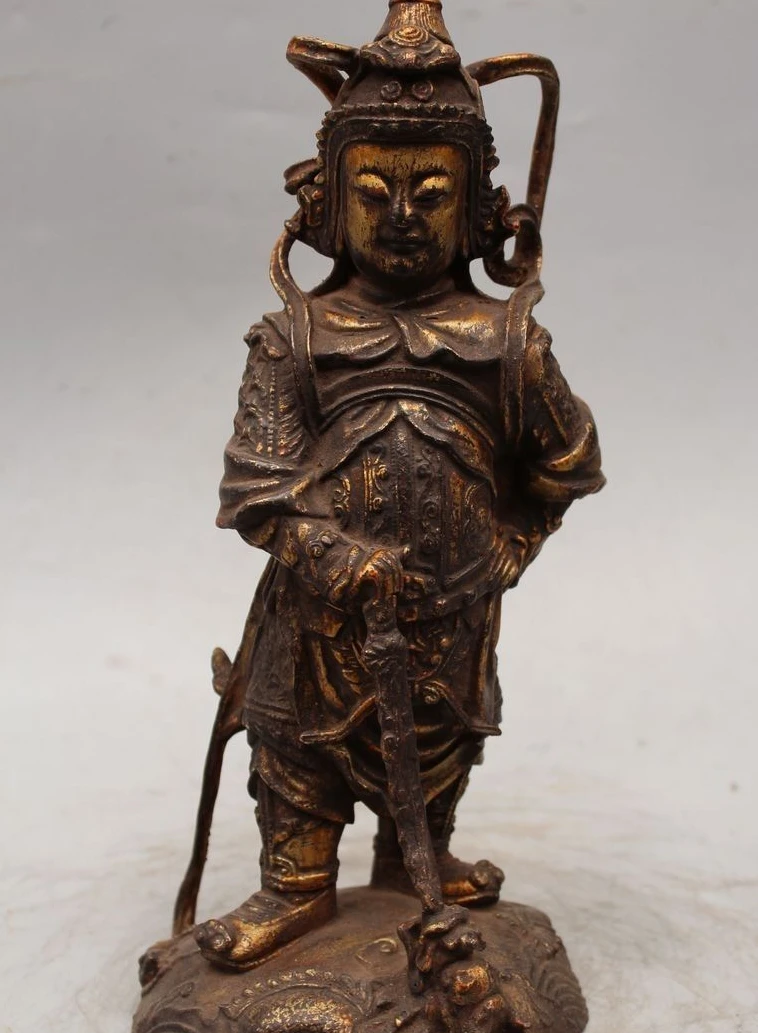 12"China Wood handwork carve Wei Tuo warrior Protection of God buddha Statue