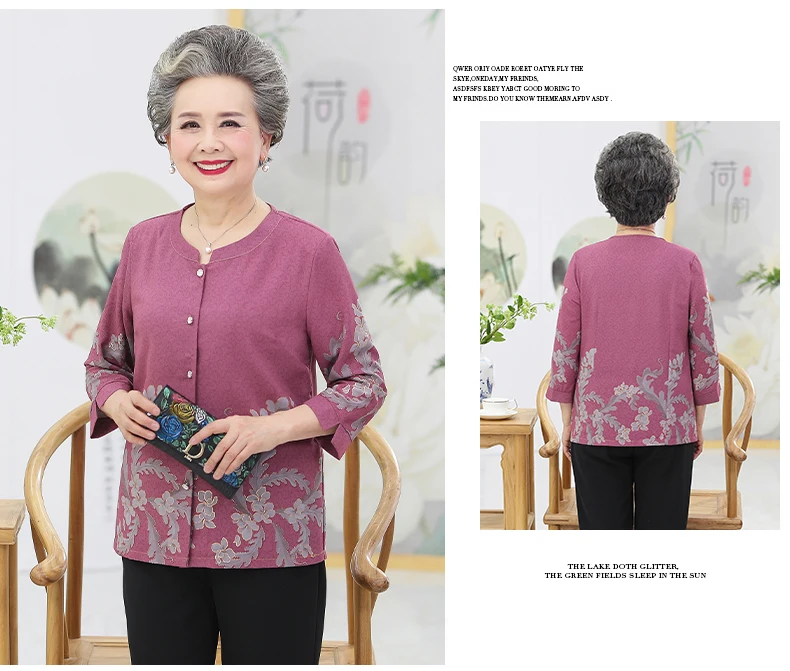 Grandma Mother Shirts Red Blue Green Flower Pattern Print Tops Women Round Collar Three Quarter Sleeve Blouses Button Front Shirt Woman Top (8)
