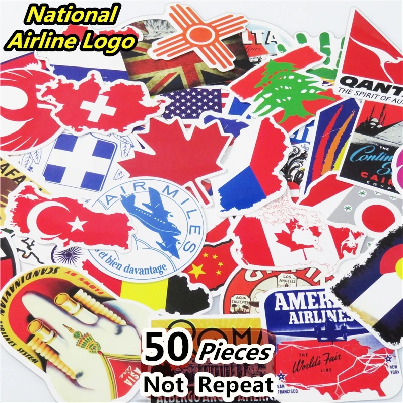 Image New 50 PCS Travel National Flags   Map Airline Logo Stickers Mix Funny Cartoon Phone Skateboard Decal Trip Luggage DIY Sticker