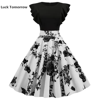 Summer Dress Robe 2019 Women Petal Sleeve Black White Patchwork Floral Print Dot Vintage Dress Casual Rockabilly Party Vestidos
Summer Dress Robe 2019 Women Petal Sleeve Black White Patchwork Floral Print Dot Vintage Dress Casual Rockabilly Party Vestidos