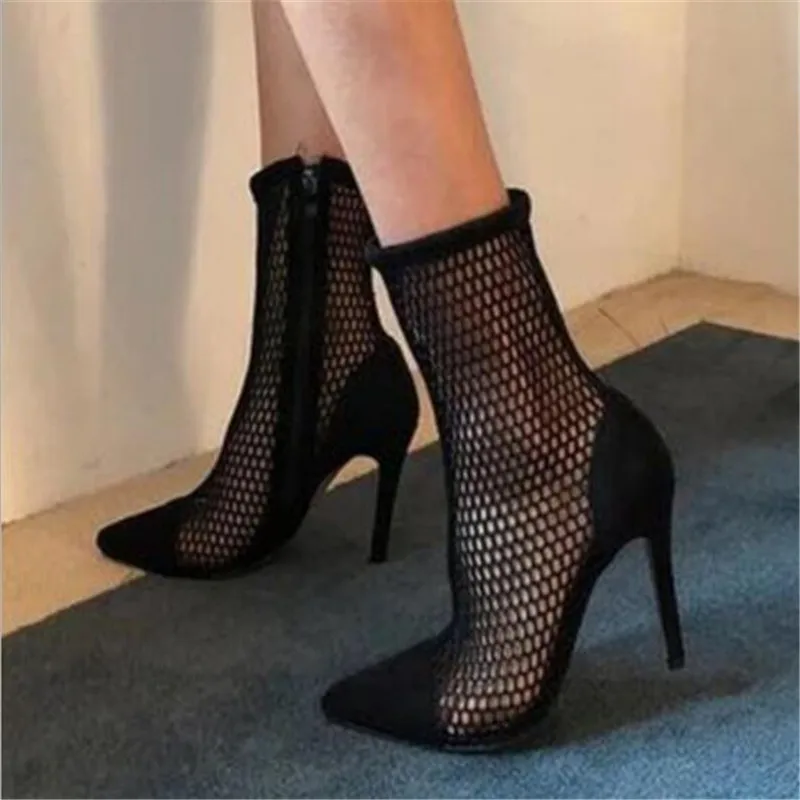 

2019 Fashion Flock Women Pumps Mesh Stretch Fabric Sock Boots Thin Heels Pointed Toe Ankle Woman Party Black Pumps 11CM