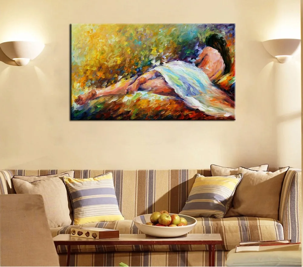 

Hand-painted Modern Nude Portrait Oil Painting on Canvas Wall Art Hang Pictures Craft Sexy Girl in the Bed Knife Oil Paintings