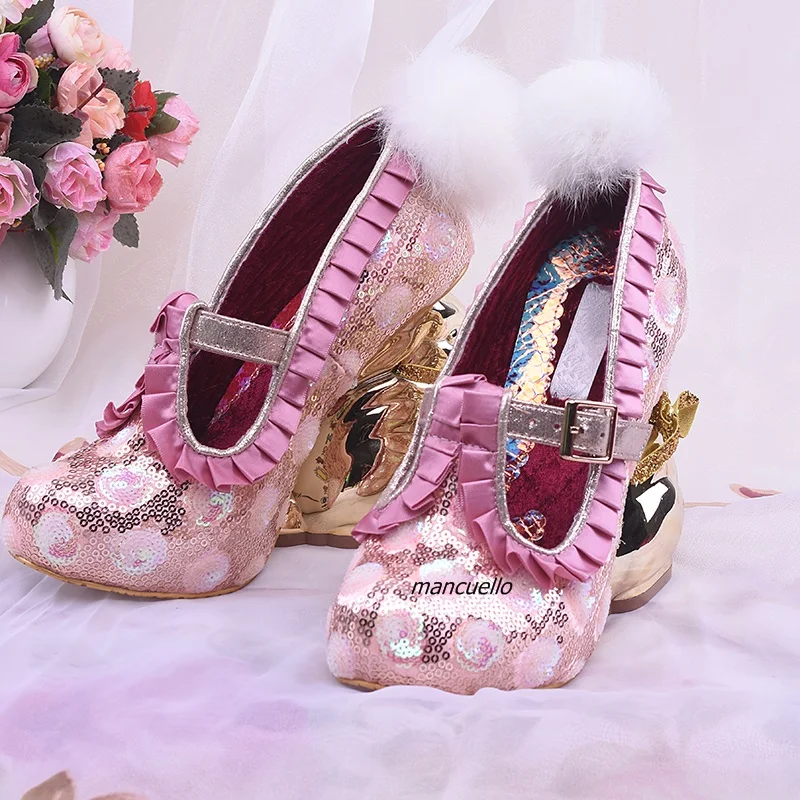 New Arrival Pink Sequins T-Strap Buckle Strange Heels Cute White Fur Pink Ruffles Decorated Gold Color Rabbit Shape Heel Pumps
New Arrival Pink Sequins T-Strap Buckle Strange Heels Cute White Fur Pink Ruffles Decorated Gold Color Rabbit Shape Heel Pumps