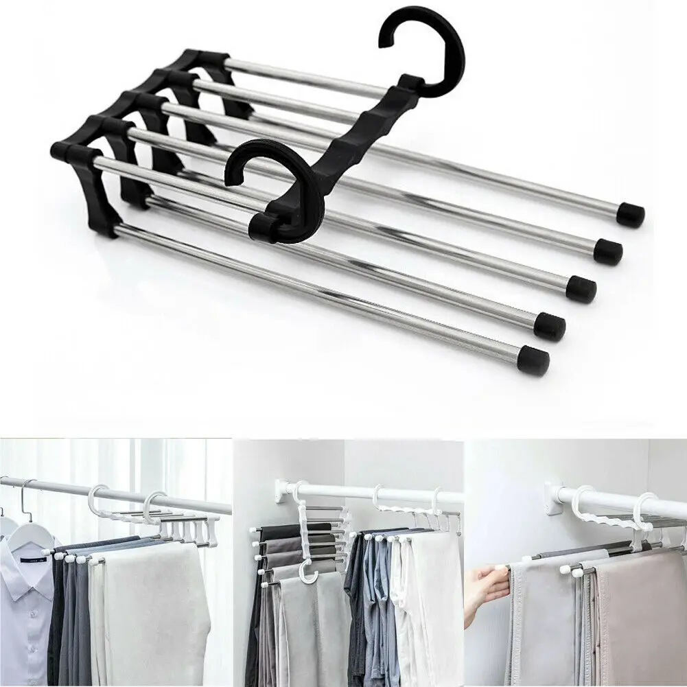 

2019 Newest Fashion 5 in 1 Pant rack shelves Stainless Steel Clothes Hangers Multi-functional Wardrobe Magic Hanger