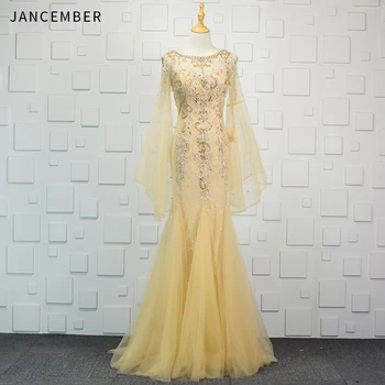 

JANCEMBER long mermaid evening formal dresses Beading Crystral Pattern Sequined Illusion O-Neck Court Train New vestiti da sera