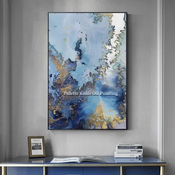 Gold Blue White Wave Print Painting Modern Abstract Wall Art Prints on Canvas Cuadros Decoracion Wall Decoracion for Living Room