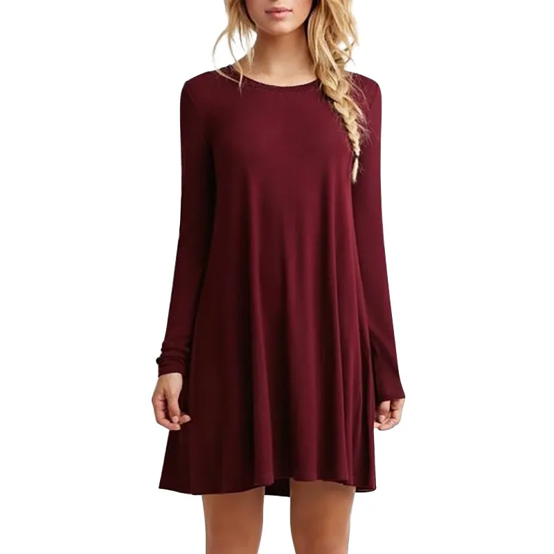 wine red Long Sleeve Casual Dress