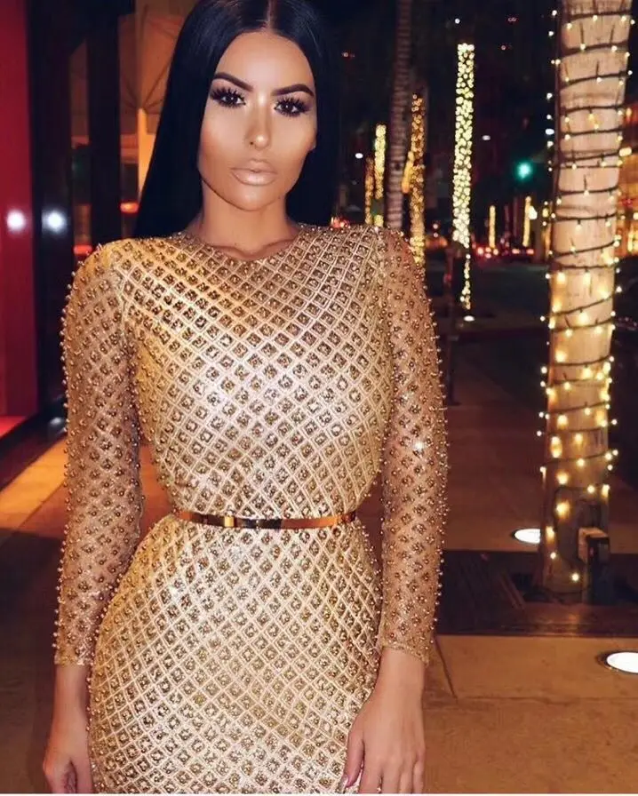 New women summer nude Gold Beading long sleeve o neck Bandage vestidos Celebrity Club Sexy party dress 2017
New women summer nude Gold Beading long sleeve o neck Bandage vestidos Celebrity Club Sexy party dress 2017