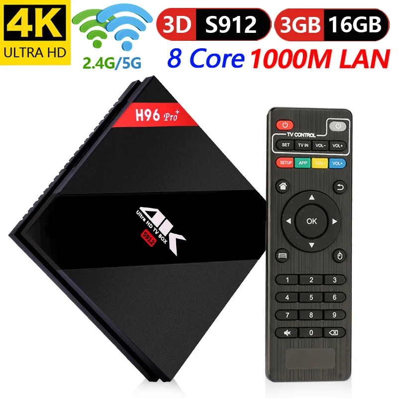 

H96 PRO + Plus Smart TV Box Amlogic S912 Octa Mali-T820MP3 GPU 2G/16G 3G/ 16G Android 7.1 2.4g/5.8 GHz Wifi BT 4.1 Set Top Box