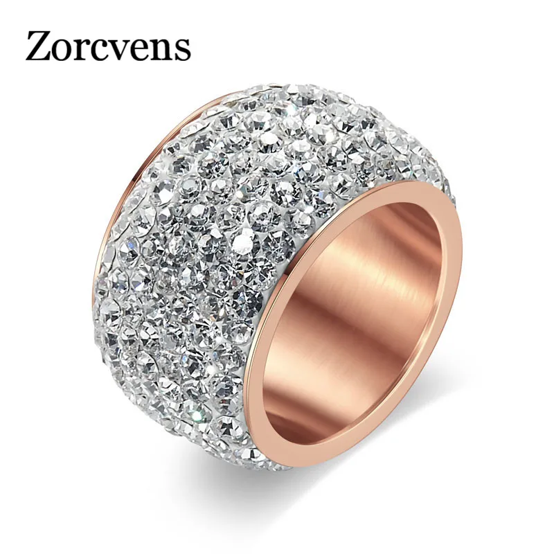 ZORCVENS New Fashion Rose Gold-Color Rhinestone Rings for Women Zircon Jewelry Stainless Steel Ring Jewellery | Украшения и