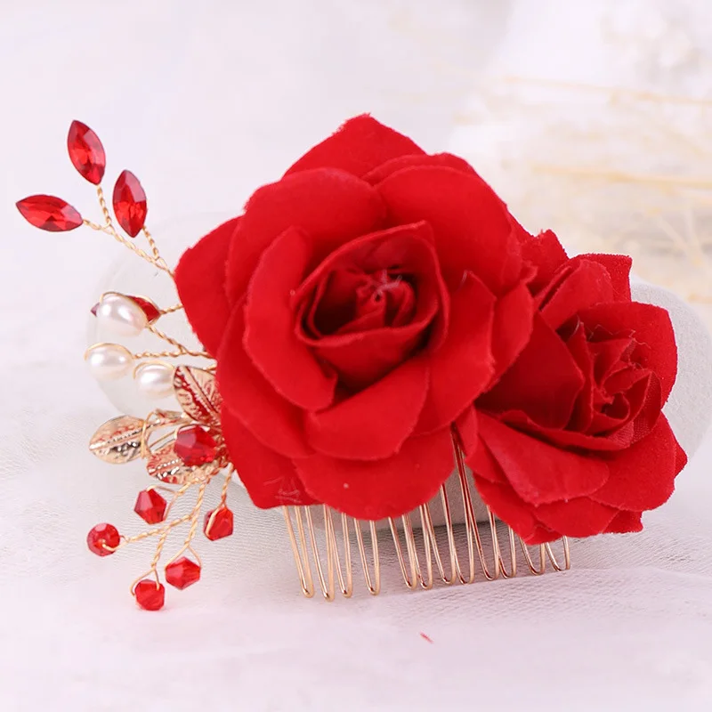 

FORSEVEN Red Rose Flower Pearl Hair Combs Jewellery Combs for Hair Bridal Tiaras Headpiece Women Wedding Jewelry Accessories JL