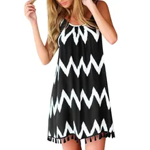 Vrouwen Zomer Sexy wave patroon kwastje riem Mouwloze Jurk Vakantie Lente Zomer Herfst Vestidos(China)