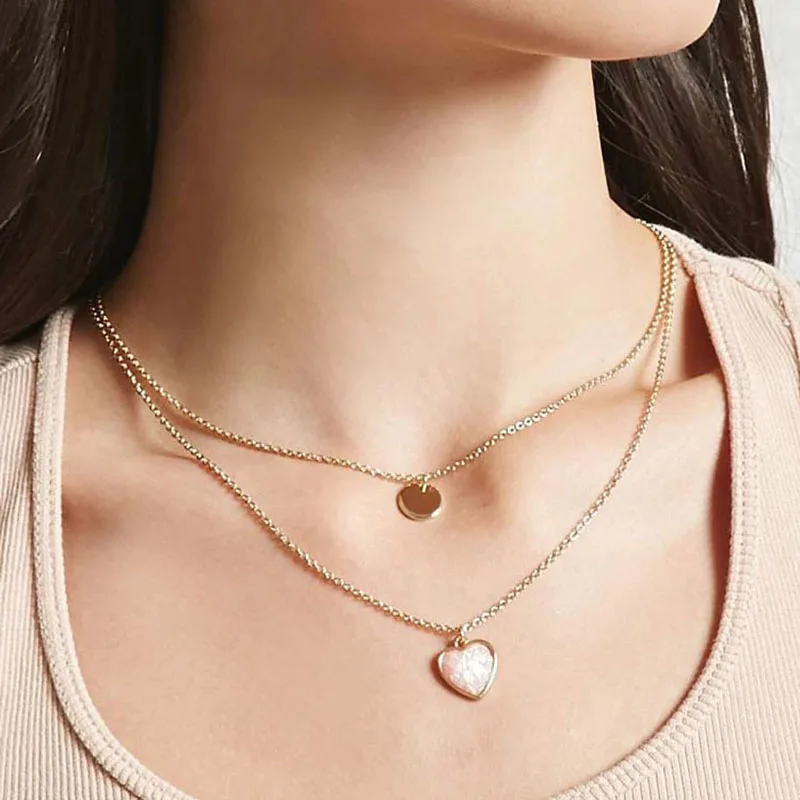 Женское Двухслойное ожерелье J0535 золотое/серебряное в форме сердца с подвеской