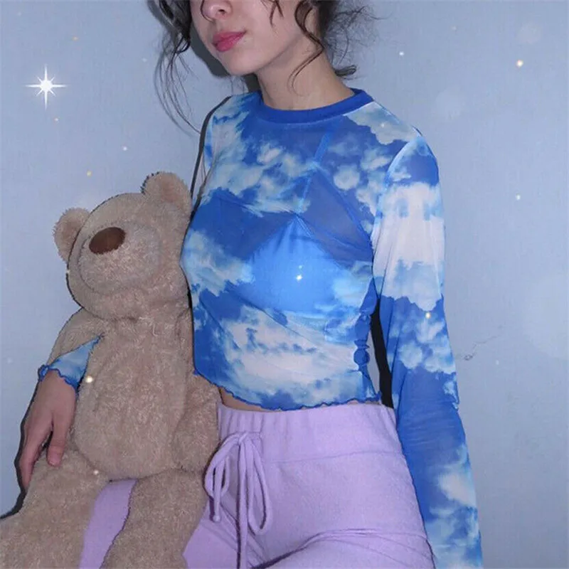 Women Sheer Mesh Fish Net T Shirt Blue Sky Cloud Print See Through Tops Casual Long Sleeve Turtle Neck Short Top T-Shirt Summer
Women Sheer Mesh Fish Net T Shirt Blue Sky Cloud Print See Through Tops Casual Long Sleeve Turtle Neck Short Top T-Shirt Summer