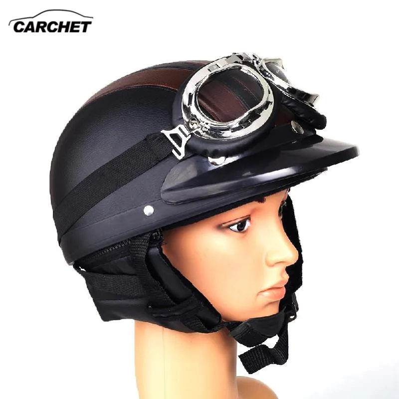 Image CARCHET Retro Motorcycle Helmet Open Face Detachable Helmets With Visor Goggles Adjustable Black Brown Helmet FREE SHIPPING NEW