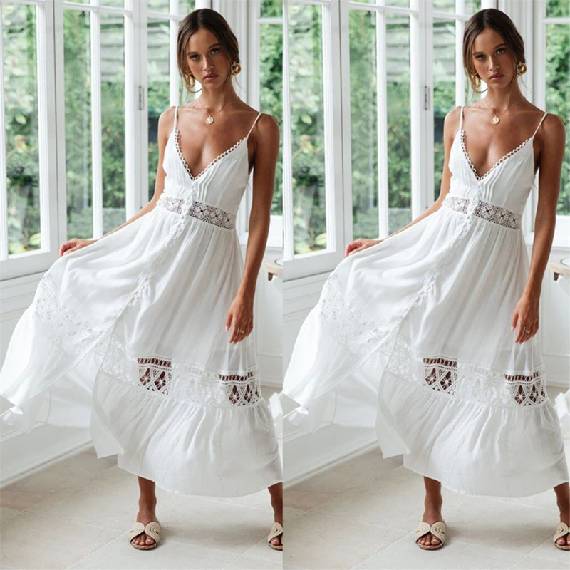 Summer Long Dress Sexy Women V-neck Spaghetti Strap Sleeveless Beach Dresses Women Lace Patchwork Backless White Dress
Summer Long Dress Sexy Women V-neck Spaghetti Strap Sleeveless Beach Dresses Women Lace Patchwork Backless White Dress