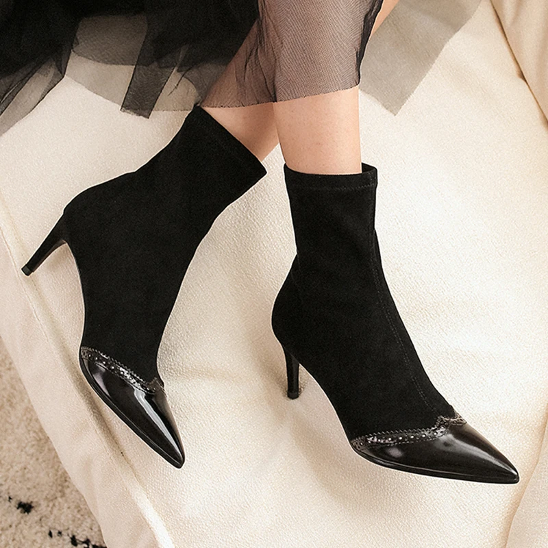 ISNOM Stretch Sock Boots Women Ankle Boots Pointed Toe Cow Leather Shoes Female Short Party High Heels Shoes Ladies Autumn 2019
ISNOM Stretch Sock Boots Women Ankle Boots Pointed Toe Cow Leather Shoes Female Short Party High Heels Shoes Ladies Autumn 2019